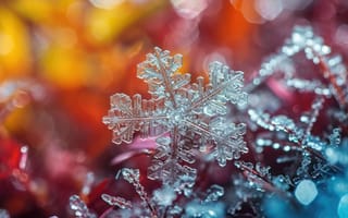 Картинка снежинка, макрос, крупный план, зима, ледяной кристалл, мороз, естественный узор, симметрия, сложный, синий, боке, ИИ искусство