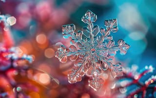 Картинка снежинка, макрос, крупный план, зима, ледяной кристалл, мороз, естественный узор, симметрия, сложный, синий, боке, ИИ искусство