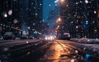 Картинка зима, снег, ночь, городской пейзаж, уличные фонари, городской, тихий, улица, снегопад, освещение, холодный, безмятежный, атмосферный, ИИ искусство