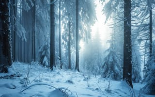 Картинка зима, лес, восход, снег, Солнечный лучик, спокойствие, мирный, пейзаж, солнечные лучи, деревья, заснеженный, фон, ИИ искусство