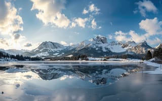 Картинка горы, снег, отражение, озеро, зима, деревья, облака, панорамный вид, безмятежный, альпийский, замороженный, природа, пейзаж, закат, дикая местность, ИИ-искусство