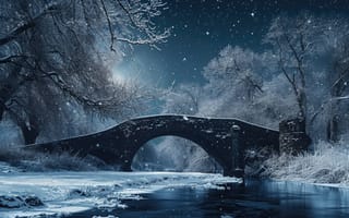 Картинка зима, снег, мост, деревья, лунный свет, ночь, замерзшая река, умиротворенность, синий тон, пейзаж, природа, погода, холодный, спокойствие, живописный, ИИ искусство