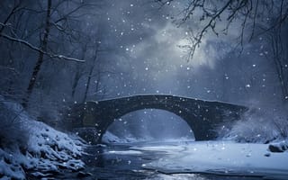 Картинка зима, снег, мост, деревья, лунный свет, ночь, замерзшая река, умиротворенность, синий тон, пейзаж, природа, погода, холодный, спокойствие, живописный, ИИ искусство