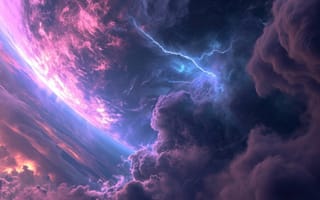 Картинка облака, фиолетовый, розовый, молния, буря, драматический, сюрреалистический, произведение искусства, фантазия, космический, гроза, небо, явления, энергия, электрический, величественный, вдохновленный природой, цифровое искусство, яркий, неземной, ИИ искусство
