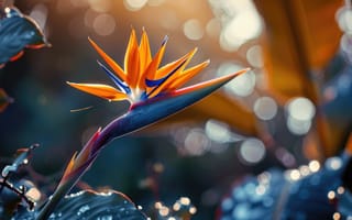 Картинка цветок крупным планом, боке, яркие цвета, оранжевые и синие лепестки, освещение заката, естественная красота, ботанический, ИИ искусство