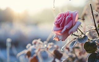 Картинка Роза, мороз, зима, кристаллы льда, розовый цветок, восход, холодная погода, природа, боке, нежные лепестки, холодное утро, ИИ искусство