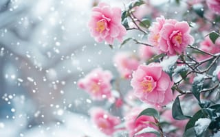 Картинка розовый, камелии, снег, зима, цветы, цветет, кустарники, снежинки, боке, природа, Флора, садоводство в холодную погоду, ИИ искусство