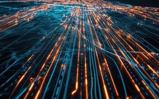 Картинка Технология, Данные, Связь, Интернет, Сеть, Абстрактный, Футуристический, Высокая скорость, Коммуникация, Кабели, Оптоволокно, Синий, Оранжевый, Искусственный интеллект