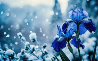Картинка синий ирис, снежинки, зимняя сцена, природа, холодный, сине-белая цветовая палитра, ботанический, мороз, сезонное изменение, ИИ искусство