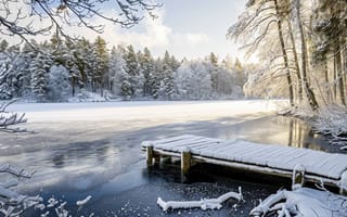 Картинка озеро, снег, зима, деревья, лес, спокойствие, умиротворенность, пейзаж, природа, лед, замороженный, док, синий, белый, холодный, сезон, мирный, отражение, дикая местность, ИИ-искусство