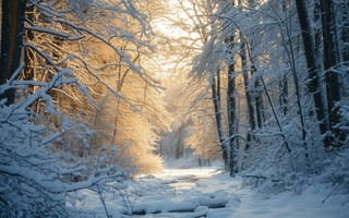 Картинка снег, лес, восход, зима, деревья, Солнечный лучик, мир, умиротворенность, природа, спокойствие, мороз, пейзаж, ИИ искусство