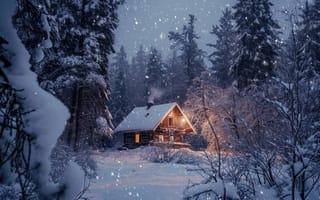 Картинка кабина, снег, зима, ночь, лес, деревья, уютный, гора, отступление, Волшебная страна, лесной массив, снегопад, уединенный, спокойный, деревенский, метель, теплый свет, ИИ искусство