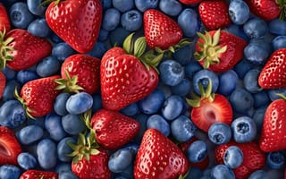 Картинка ярко-красная клубника, пухлая черника, свежие фрукты, спелые ягоды, фрукты, разноцветные ягоды, изображение фруктов с высоким разрешением, сочный, органический, естественный, здоровая закуска, смешанные ягоды, крупный план, яркие цвета, текстурированная поверхность, ИИ искусство