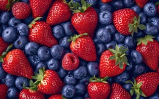 Картинка ярко-красная клубника, пухлая черника, свежие фрукты, спелые ягоды, фрукты, разноцветные ягоды, изображение фруктов с высоким разрешением, сочный, органический, естественный, здоровая закуска, смешанные ягоды, крупный план, яркие цвета, текстурированная поверхность, ИИ искусство