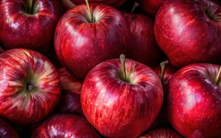 Картинка красный, яблоко, фрукты, свежий, спелый, блестящий, капли воды, крупный план, здоровый, красные яблоки, текстура, ИИ искусство