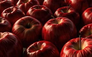 Картинка красный, блестящий, яблоки, свежий, фрукты, глянцевый, крупный план, еда, питание, здоровый, яркий цвет, вегетарианец, закуска, ИИ искусство