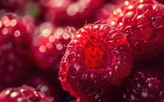 Картинка красный, сочный, фрукты, малина, спелый, крупный план, макрос, свежесть, яркий цвет, деталь, здоровый, естественный, органический, роса, съедобный, ягода, блестящий, текстурированный, ИИ искусство