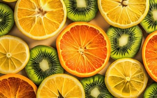 Картинка кусочки фруктов, цитрусовые, киви, апельсин, лимон, Витамин С, красочный, свежий, шаблон, текстура, еда, здоровый, ИИ искусство