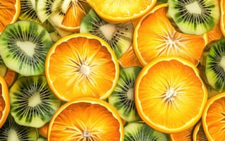 Картинка кусочки фруктов, цитрусовые, киви, апельсин, лимон, Витамин С, красочный, свежий, шаблон, текстура, еда, здоровый, ИИ искусство