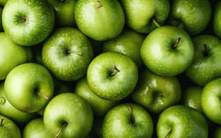 Картинка зеленый, яблоки, свежий, блестящий, капли росы, бабушка Смит, фрукты, крупный план, текстура, здоровый, органический, производить, яркий цвет, ИИ искусство