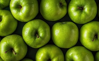 Картинка зеленый, яблоки, свежий, блестящий, капли росы, бабушка Смит, фрукты, крупный план, текстура, здоровый, органический, производить, яркий цвет, ИИ искусство