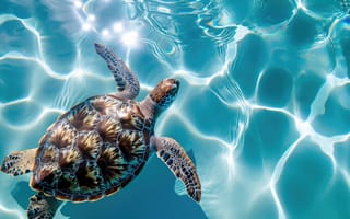 Картинка черепаха, море, морской, животное, вода, дикая природа, океан, плавание, сохранение, под водой, водный, Солнечный лучик, тени, природа, ИИ искусство