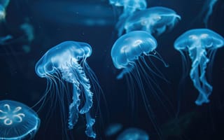 Картинка медуза, под водой, синий, морская жизнь, биолюминесценция, океан, светящийся, щупальца, водный, дикая природа, Морские создания, ИИ искусство