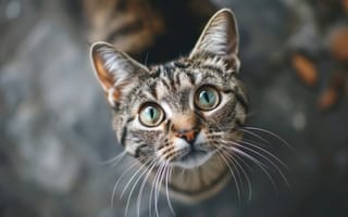 Картинка кот, полосатый, зеленые глаза, бакенбарды, любопытный, открытый, животное, домашний питомец, кошачий, крупный план, посмотреть, в полоску, восхитительный, ИИ искусство