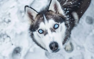 Картинка собака, Сибирский хаски, снег, голубые глаза, зима, домашний питомец, животное, двухцветные глаза, собачий, на открытом воздухе, глядя вверх, ИИ искусство