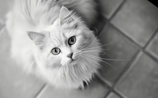 Картинка кот, черное и белое, пушистый, длинные волосы, кошачий, домашний питомец, крупный план, животное, портрет, одомашненный, элегантный, бакенбарды, ИИ искусство