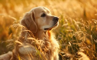 Картинка золотистый ретривер, закат, золотой час, природа, безмятежный, мирный, высокая трава, с подсветкой, портрет собаки, теплый свет, животное в дикой природе, ИИ искусство