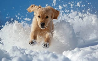 Картинка щенок, золотистый ретривер, играя, снег, зима, милый, домашний питомец, собака, снегопад, упражнение, молодая собака, снежный пейзаж, ИИ искусство