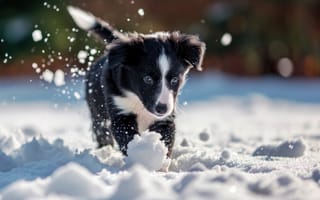 Картинка собака, снег, бордер-колли, черное и белое, зима, играть, любопытный, животное, холодная погода, открытый, домашний питомец, домашнее животное, пушистое пальто, снежинки, ИИ искусство