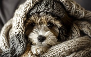 Картинка щенок, милый, уютный, одеяло, трикотаж, домашний питомец, животное, теплый, восхитительный, маленькая собака, прячется, комфорт, пушистый, в помещении, мягкий фокус, одомашненный, ИИ искусство