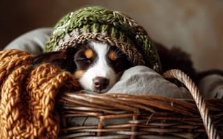 Картинка корзина, щенок, собака, спать, одеяло, уютный, милый, домашний питомец, животное, плетеная корзина, бордер-колли, в помещении, удобный, расслабляться, пушистый, прижиматься, ИИ искусство