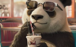 Картинка анимированная панда, Солнцезащитные Очки, чашка содовой, солома, кафе-мороженое, розовый и синий цвета, 3d иллюстрация, милый персонаж животного, расслабление, стильная дикая природа, цифровое искусство, ИИ искусство
