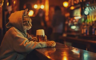 Картинка кот, бар, толстовка с капюшоном, пивной бокал, антропоморфный, паб, расслабленный, вечер, внутреннее освещение, юмор, алкоголь, кошачий, милый, редактировать, творческий, ИИ искусство