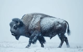 Картинка бизон, снег, метель, дикая природа, зима, американский буйвол, естественная среда обитания, холодная погода, снежный пейзаж, дикое животное, ИИ искусство
