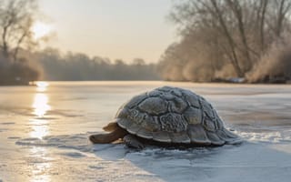 Картинка черепаха, снег, зима, восход, река, мороз, холодная погода, дикая природа, пейзаж, природа, животное, рептилия, естественная среда, замороженный, ИИ искусство