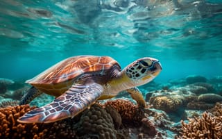 Картинка морская черепаха, под водой, морской, коралловый риф, дикая природа, океан, экосистема, плавание, водное животное, сохранение, ИИ искусство