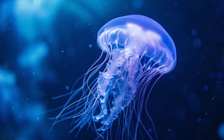 Картинка медуза, биолюминесценция, Морская биология, под водой, щупальца, синий, морская жизнь, океанография, свечение, водный организм, ИИ искусство