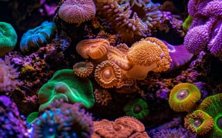 Картинка коралл, риф, морской, аквариум, под водой, актинии, крупный план, экосистема, полипы, соленая вода, бак, биология, яркие цвета, водная жизнь, ИИ искусство
