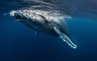 Картинка Горбатый кит, под водой, океан, морская жизнь, дикая природа, китообразное, водное млекопитающее, море, природа, голубая вода, ласты, хвост, вымирающие виды, ИИ искусство