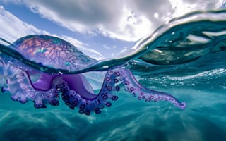 Картинка медуза, биолюминесценция, под водой, морская жизнь, фиолетовый, щупальца, океан, морское создание, светящийся, дикая природа, ИИ искусство
