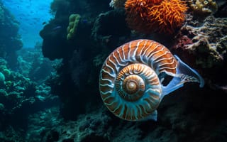 Картинка Наутилус, под водой, морская жизнь, оболочка, морское создание, океан, коралловый риф, моллюск, водный, щупальца, биоразнообразие, глубокое море, ИИ искусство