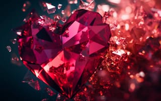 Картинка в форме сердца, красный, драгоценный камень, кристалл, сверкающий, любовь, романтика, роскошь, Ювелирные изделия, День святого Валентина, граненый, крупный план, Рубин, алмаз, отражение, мерцать, ИИ искусство
