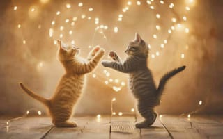 Картинка Котята, Светильники, Прикосновение носом, Сердце, Уют, Нежный, Домашние животные, Теплый свет, Пухлый, Мягкий фокус, Боке, Любовь, День святого Валентина, Сопровождение, Искусственный интеллект