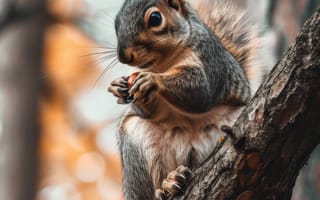 Картинка белка, орех, ветвь дерева, боке, дикая природа, млекопитающее, природа, крупный план, коричневый мех, на открытом воздухе, поедание животных, ИИ искусство