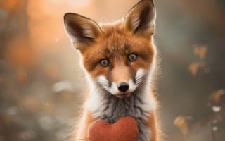 Картинка лиса, красный мех, сердце, дикая природа, природа, лес, милый, День святого Валентина, животное, млекопитающее, символ любви, ИИ искусство