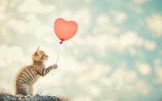 Картинка Кот, Котенок, Шарик, Сердце, Любовь, Закат, На улице, Игривый, Милый, Небо, Облака, Свет, Кошка, Животное, Фантазийный, Искусственный интеллект